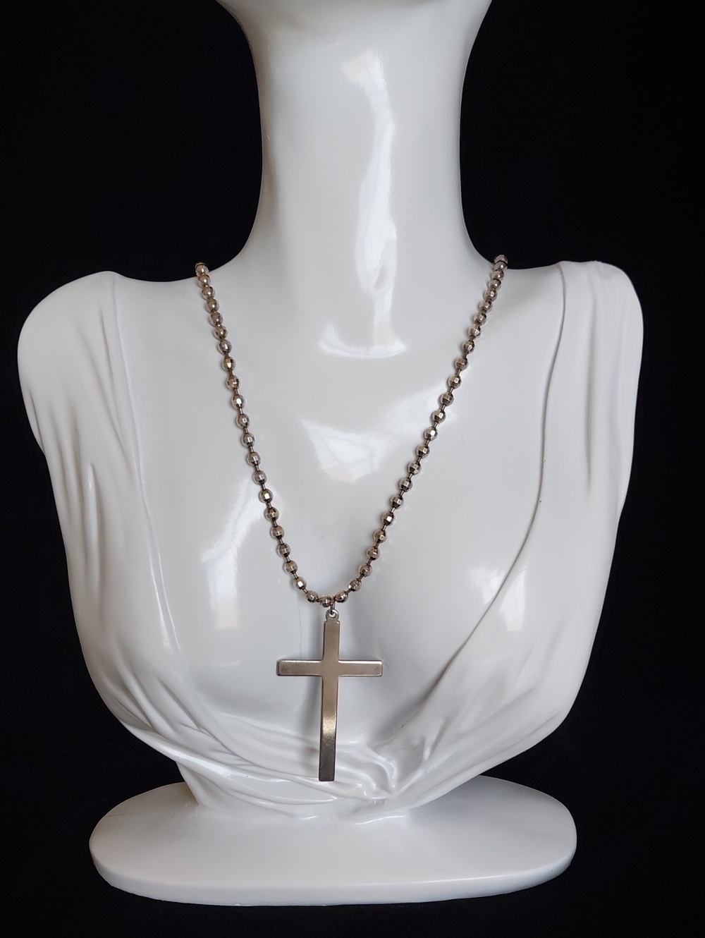 Theda Sterling Silver Large Cross Pendant Faceted Ball Chain Necklace 18.3"
